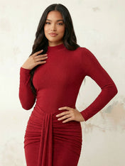 Burgundy Long Sleeves Mermaid Satin Maxi Dress Tea Length