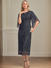 Sheath/Column Scoop Tea-Length Lace Chiffon Mother of the Bride Dress