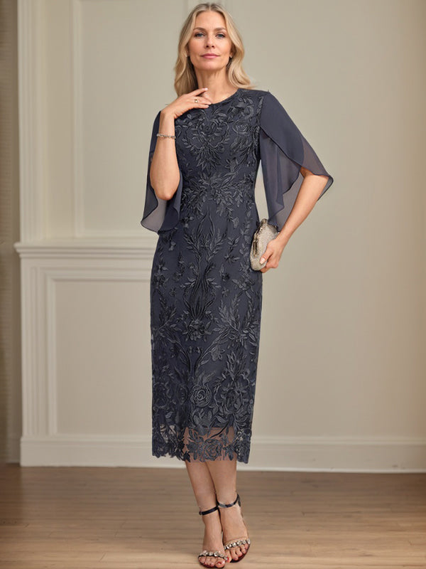 Sheath/Column Scoop Tea-Length Lace Chiffon Mother of the Bride Dress