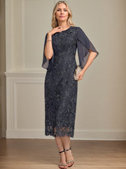 Sheath/Column Scoop Tea-Length Lace Chiffon Mother of the Bride Dress