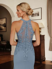 Dusty Blue Sheath Halter Long Mother of Bride Dress With Appliques