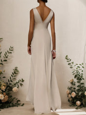 Apricot V Neck Sleeveless Slit Sheath Satin Dress