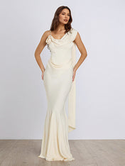 Ivory Satin Asymmetrical Neck Sleeveless Floor Length Dress With 3D Flower