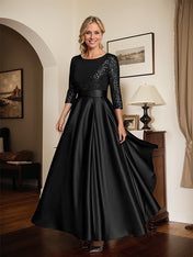 Sparkly Navy Scoop Neck Satin Mother of the Bride Dress with Sequins