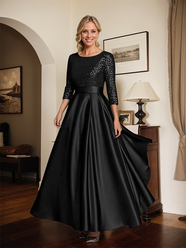 Sparkly Navy Scoop Neck Satin Mother of the Bride Dress with Sequins