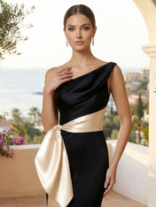 One Shoulder Mermaid Satin Pleat Evening Dresses with Bow