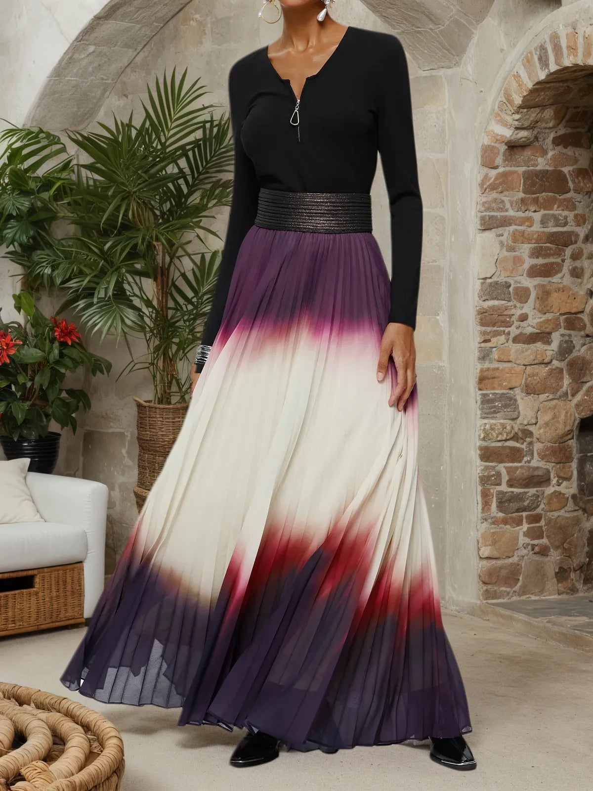 Women Ombre Black Long Sleeve A-line Pleated Two-Piece Set
