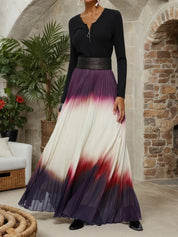 Women Ombre Black Long Sleeve A-line Pleated Two-Piece Set