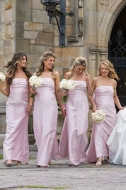 Strapless Pink Scoop Pleated Satin Long Bridesmaid Dress With Big Bow
