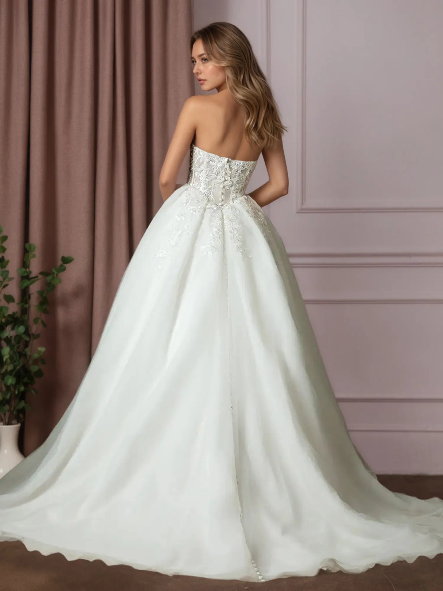 White Ball-Gown Strapless Pleated Lace Wedding Dress
