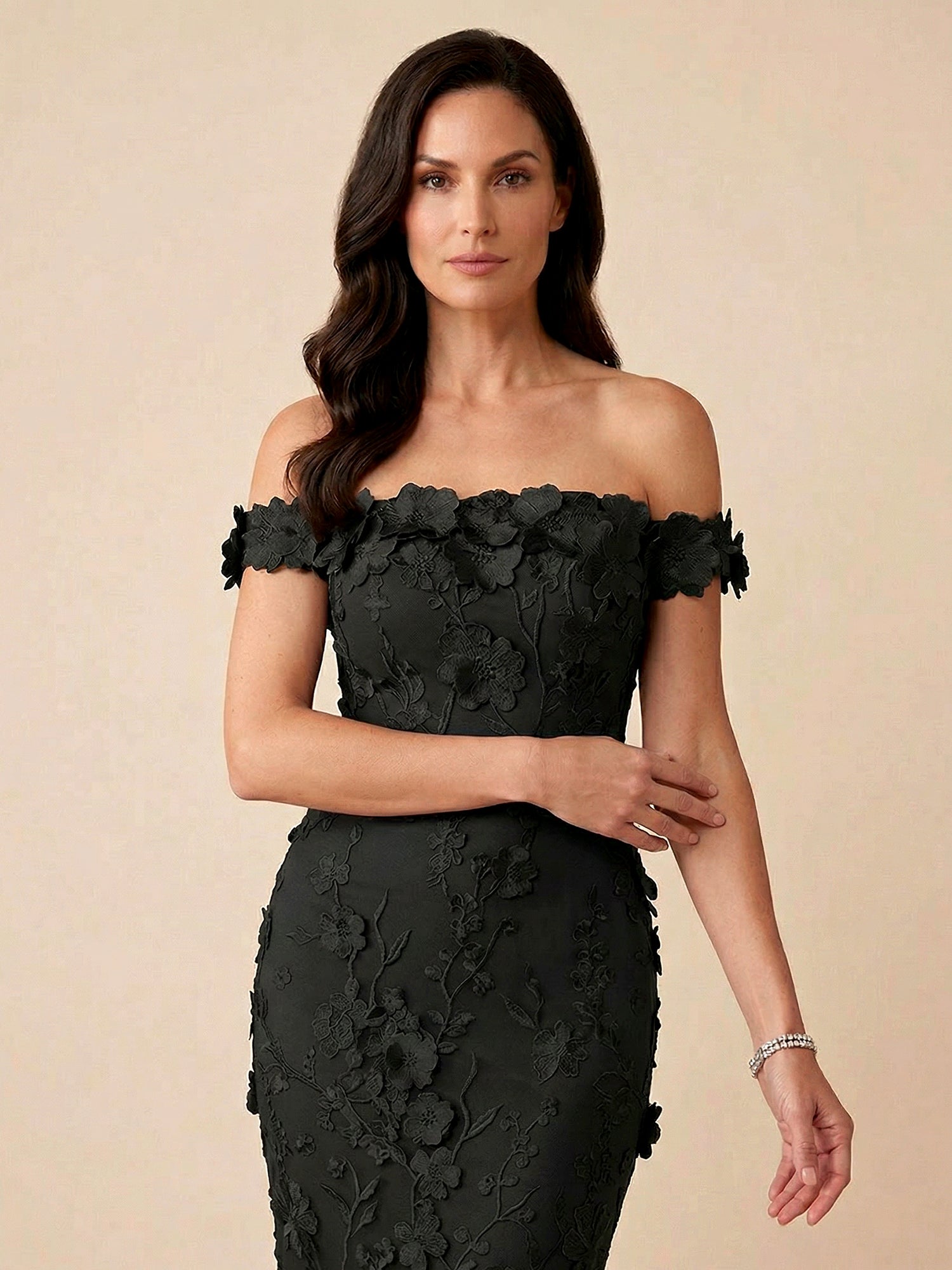 Black Off-the-Shoulder 3D Floral Mermaid Formal Gown Evening Dress