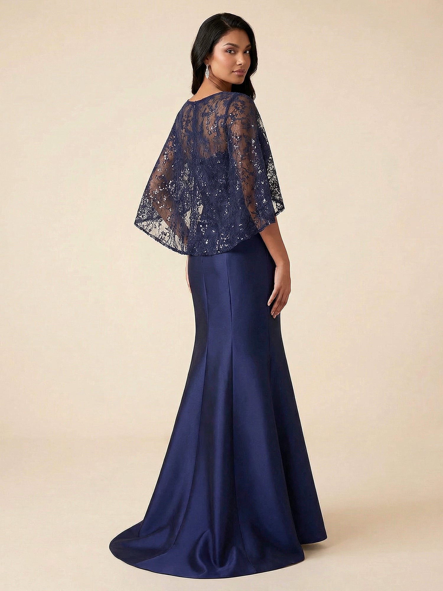 Navy Blue Flutter Sleeves Mermaid Evening Gown with Lace Capelet