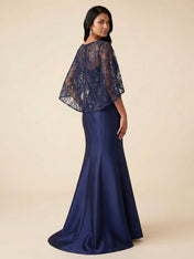 Navy Blue Flutter Sleeves Mermaid Evening Gown with Lace Capelet