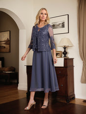 A-line Scoop Tea-Length Lace Chiffon Mother of the Bride Dress With Sequins