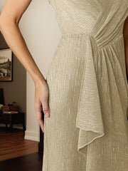 A-Line V-Neck Ruched Metallic Mesh Dress