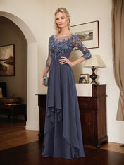 A-line Scoop Illusion Floor-Length Lace Chiffon Mother of the Bride Dress With Cascading Ruffles