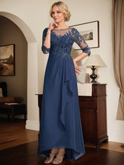 A-line Scoop Illusion Asymmetrical Lace Chiffon Mother of the Bride Dress With Sequins Cascading Ruffles