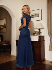 Dark Navy Mermaid Scoop Sequins Tulle Dress