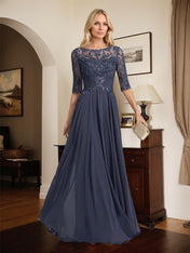 A-line Scoop Illusion Floor-Length Chiffon Lace Mother of the Bride Dress With Pleated Sequins