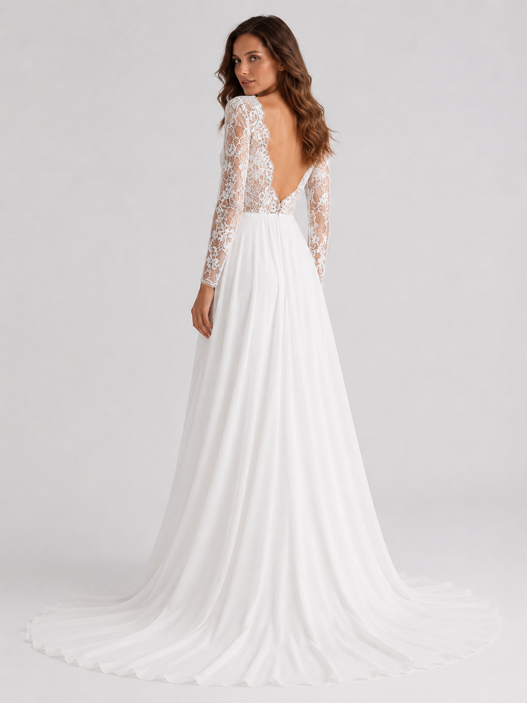 Elegant Long-Sleeve Lace Bodice Chiffon A-Line Wedding Dress with Sweep Train