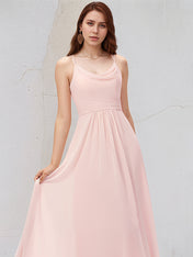 Blushing Pink A-Line Cowl Floor-Length Chiffon Bridesmaid Dress