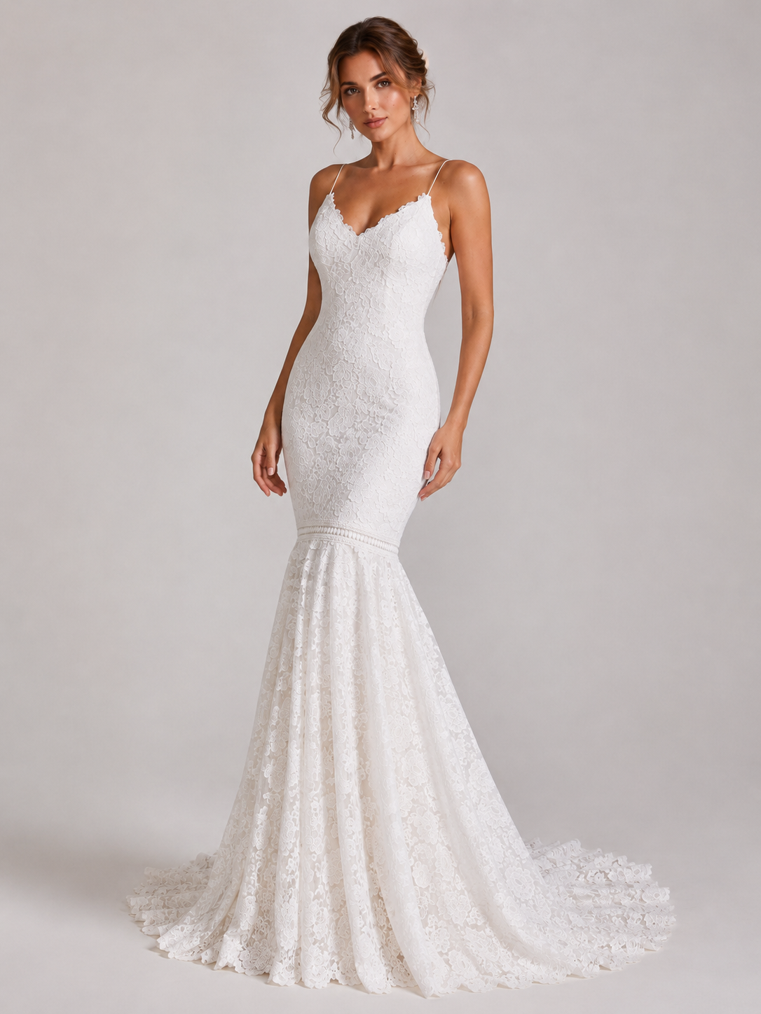 Elegant V-Neck Lace Mermaid Wedding Dress with Chapel Train