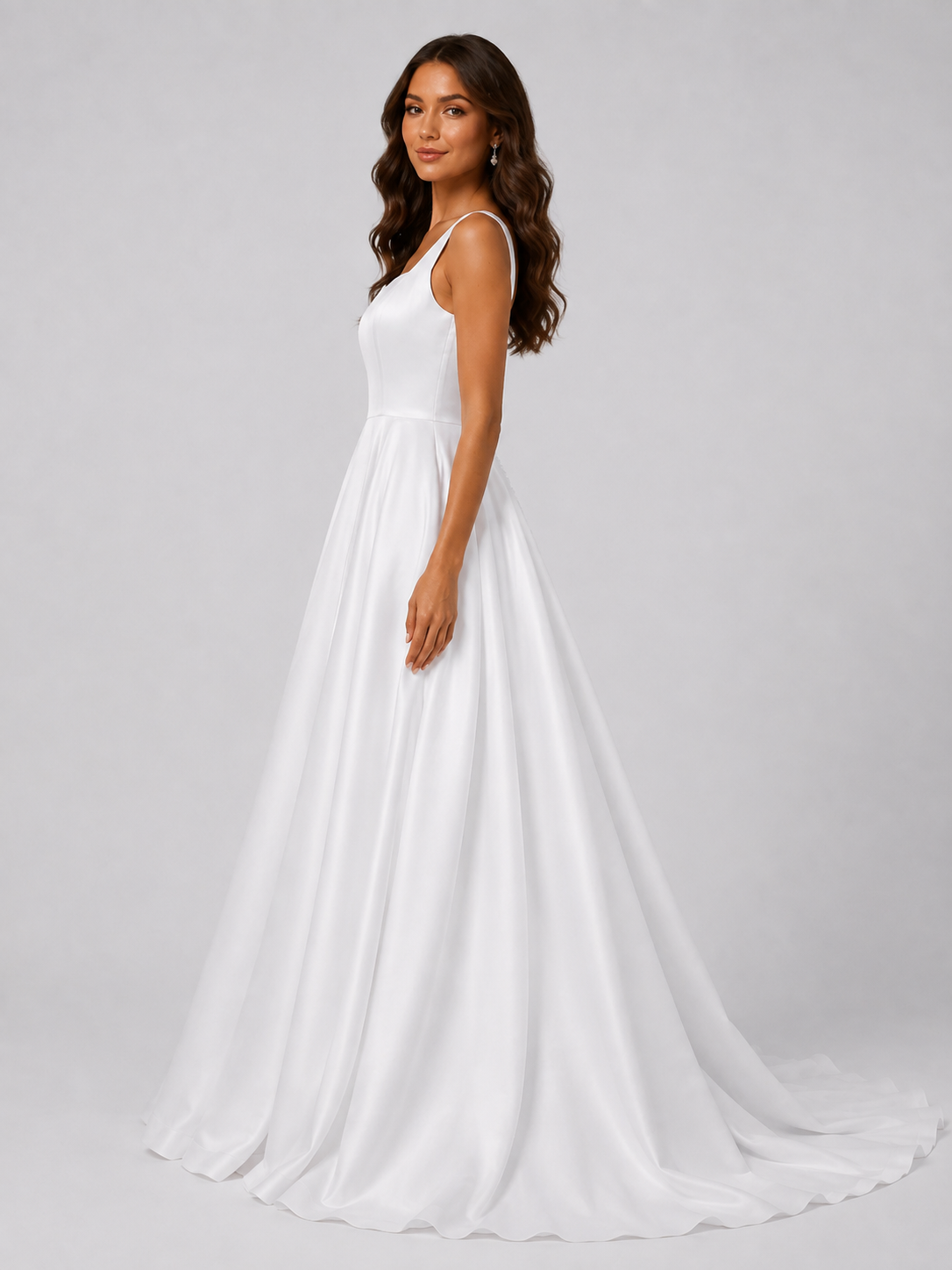 Elegant Square Neckline Satin A-Line Wedding Dress with Low Back and Chapel Train