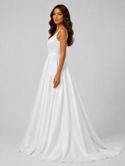 Elegant Square Neckline Satin A-Line Wedding Dress with Low Back and Chapel Train