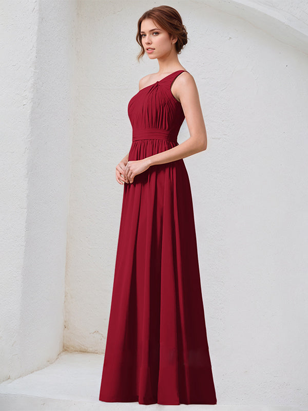 Burgundy A-Line One-Shoulder Floor-length Chiffon Bridesmaid Dress