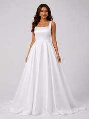 Elegant Square Neckline Satin A-Line Wedding Dress with Low Back and Chapel Train
