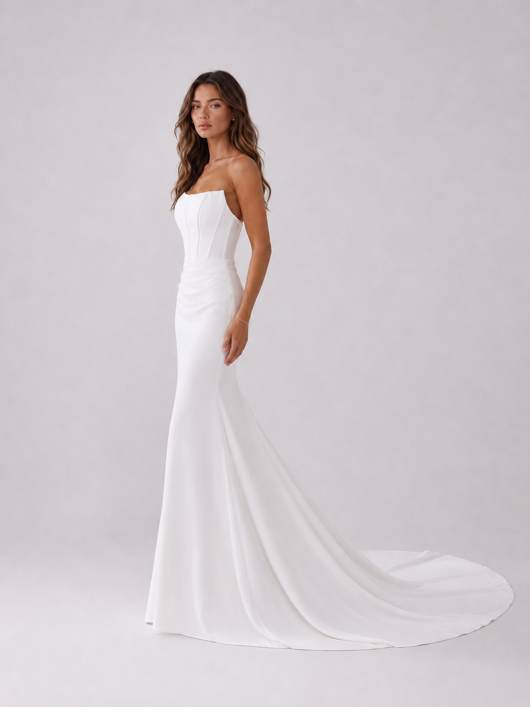 Elegant Strapless Corset Satin Mermaid Wedding Dress with Chapel Train