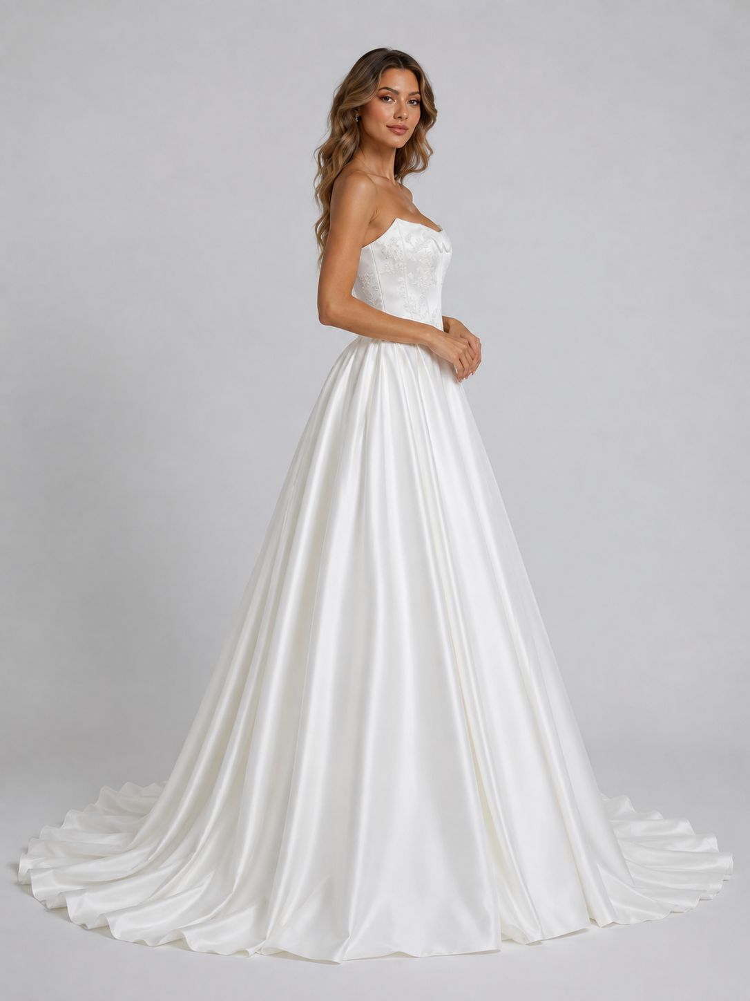 Elegant Strapless Corset Satin A-Line Wedding Dress with Chapel Train