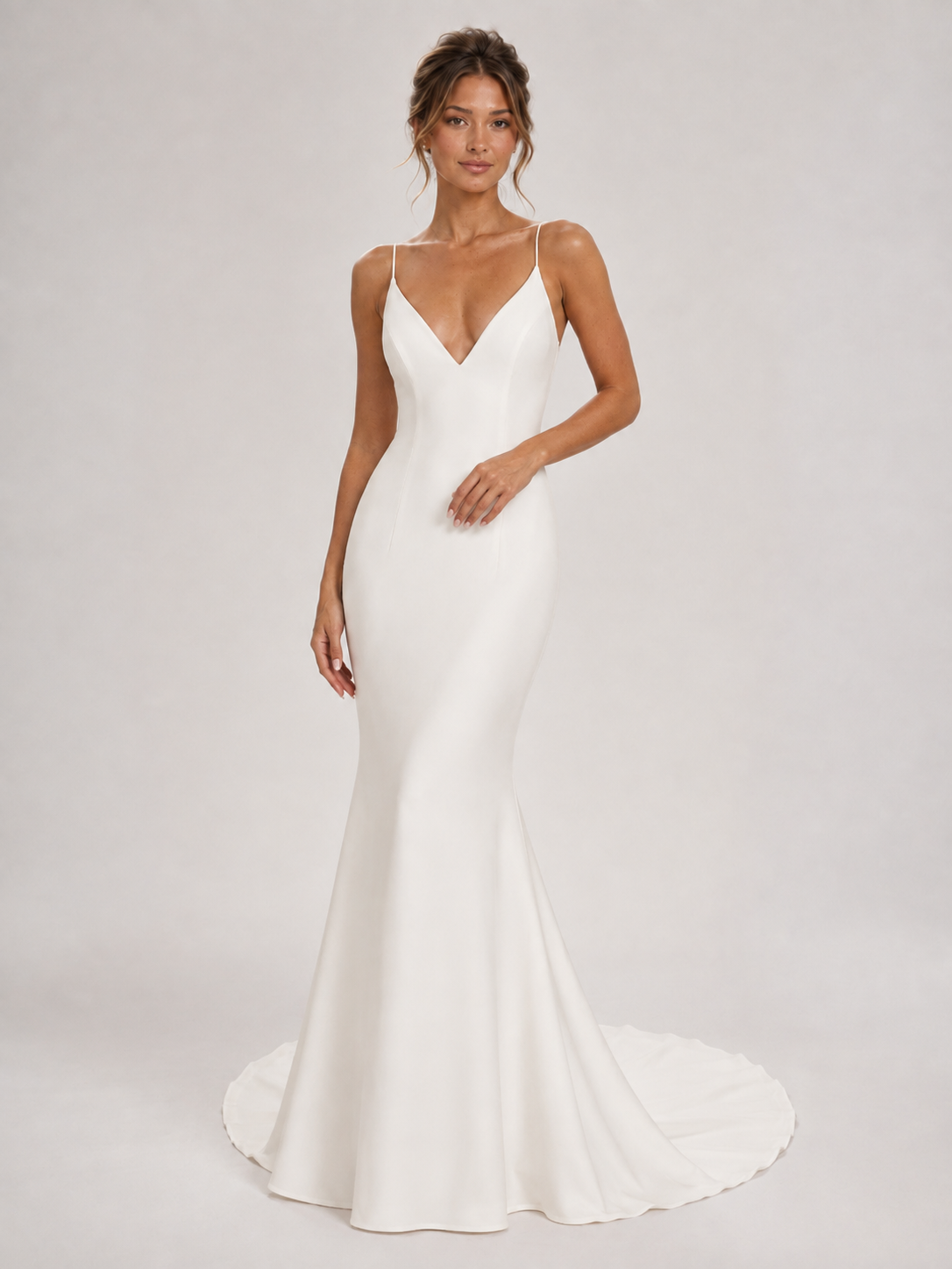 Sleek V-Neck Satin Sheath Wedding Dress with Sweep Train