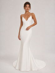 Sleek V-Neck Satin Sheath Wedding Dress with Sweep Train