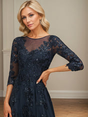 A-line Scoop Illusion Floor-Length Tulle Lace Mother of the Bride Dress With Sequins