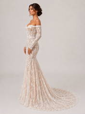 Elegant Off-the-Shoulder Long Sleeve Lace Mermaid Wedding Dress with Sweep Train