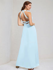 A Line Sky Blue Chiffon Halter Neck Sleeveless Floor Length Dress With High Slit
