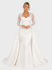 Elegant Lace Illusion Long-Sleeve Mermaid Wedding Dress with Detachable Overskirt and Chapel Train