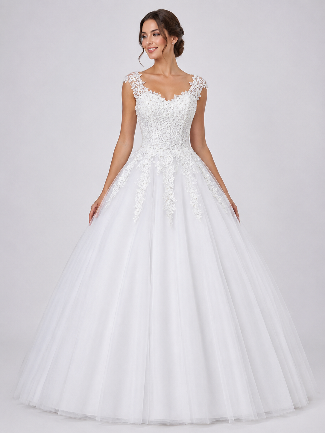 Elegant Lace Appliqued Tulle A-Line Wedding Dress with Scoop Back and Sweep Train