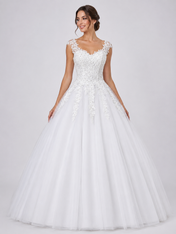 Elegant Lace Appliqued Tulle A-Line Wedding Dress with Scoop Back and Sweep Train
