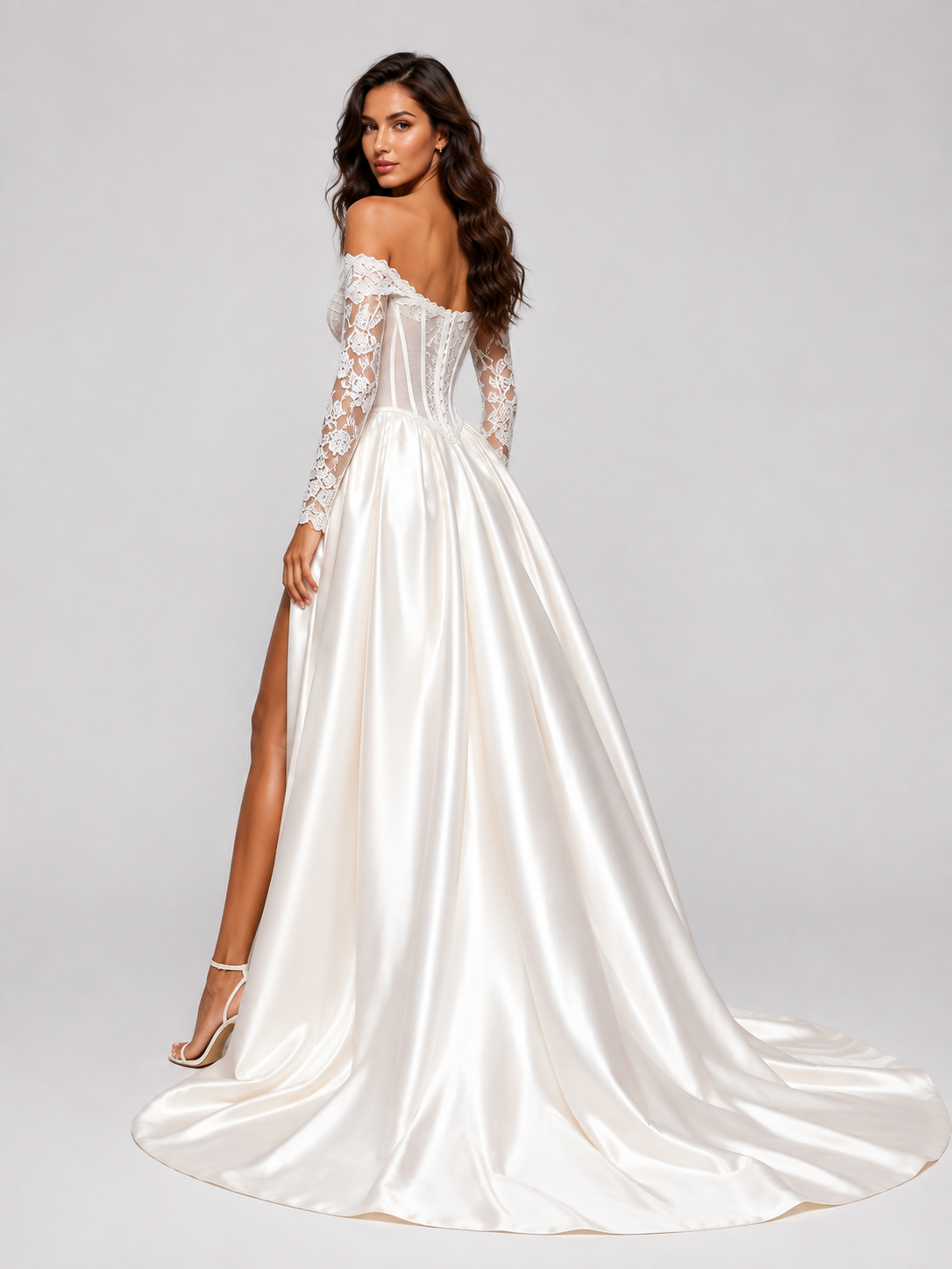 Elegant Off-the-Shoulder Lace Corset Satin A-Line Wedding Dress with High Slit and Chapel Train