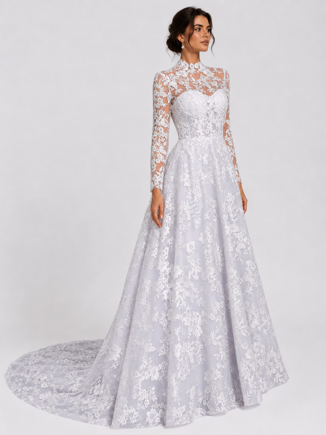 Elegant High Neck Long Sleeve Lace A-Line Wedding Dress with Chapel Train