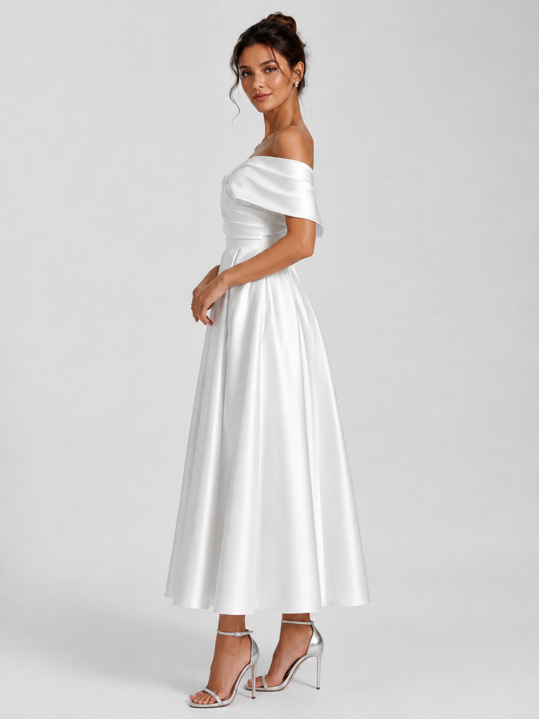Elegant Off-the-Shoulder Ruched Satin A-Line Midi Wedding Dress