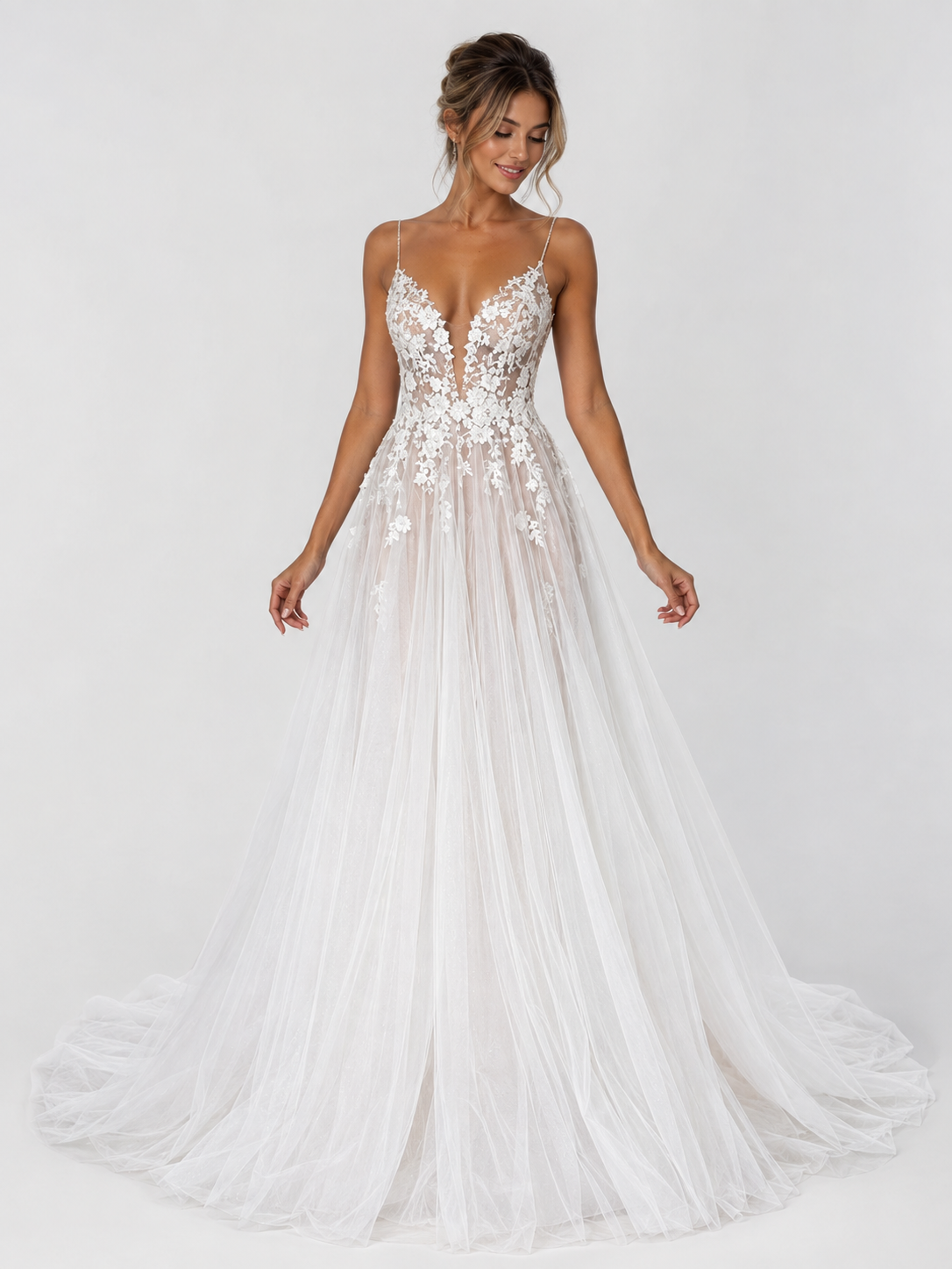 Elegant Floral Applique Tulle A-Line Wedding Dress with Sweep Train
