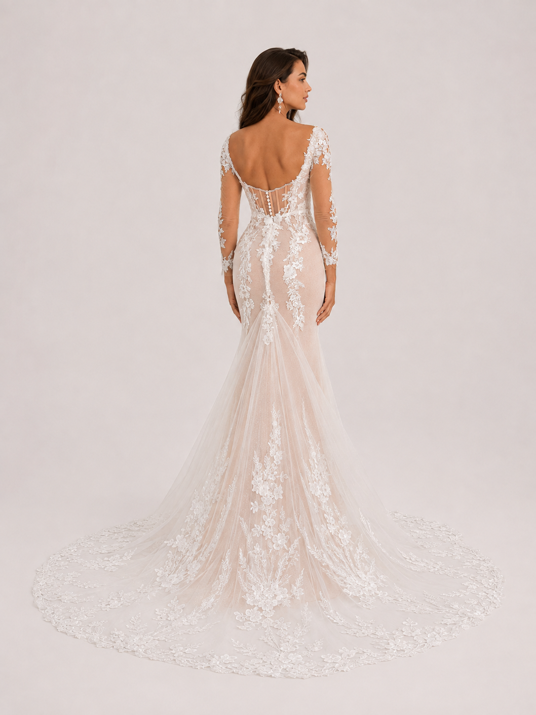 Elegant Long-Sleeve Deep V-Neck Lace Mermaid Wedding Dress with Chapel Train