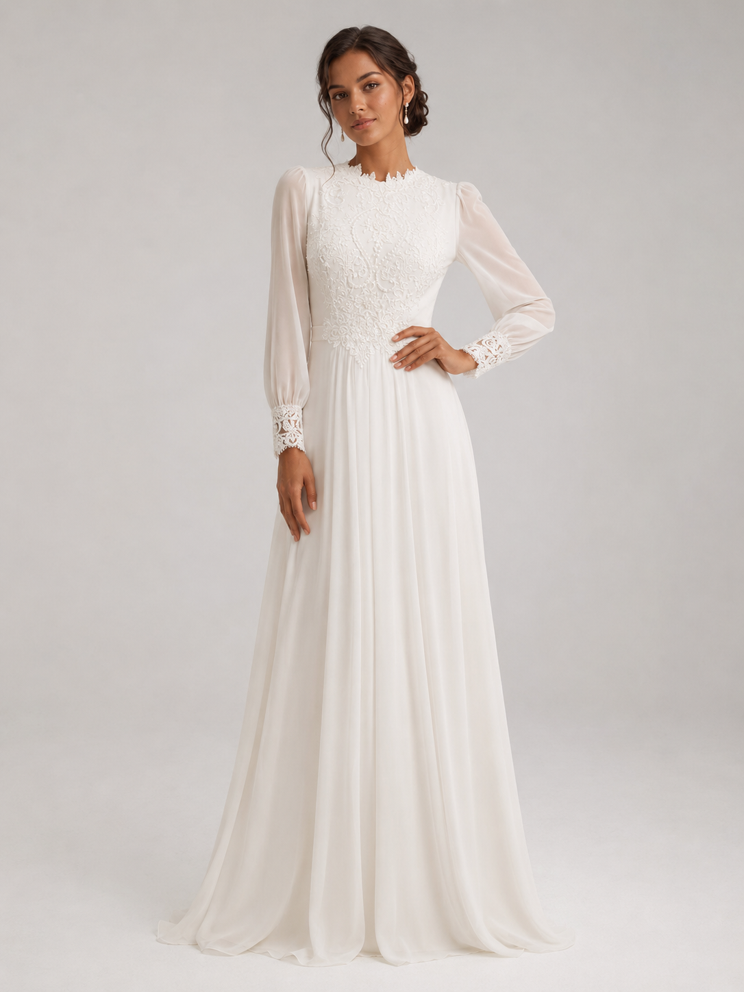 Elegant High-Neck Lace Long-Sleeve A-Line Wedding Dress with Sweep Train