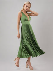 Olive Green A Line Satin V Neck Sleeveless Tea Length Dress