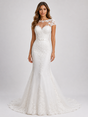 Elegant Illusion Cap-Sleeve Lace Mermaid Wedding Dress with Chapel Train