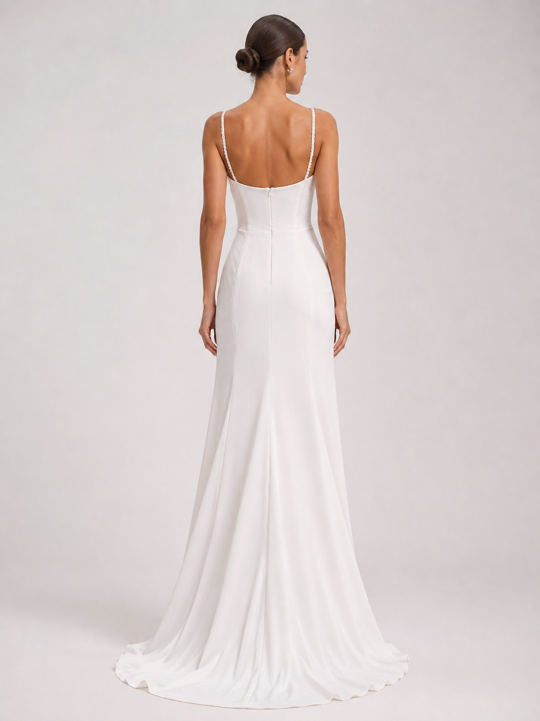 Elegant Draped Cowl-Neck Satin Sheath Wedding Dress with High Slit and Chapel Train
