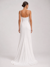 Elegant Draped Cowl-Neck Satin Sheath Wedding Dress with High Slit and Chapel Train